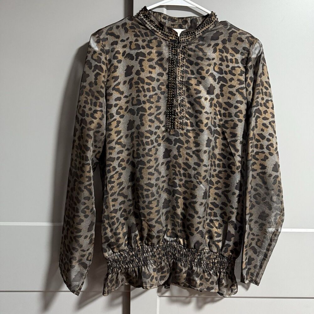 Chico’s Women Mesh Sheer Animal Print Bead Smock Hem Long Sleeve Blouse Small